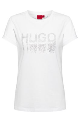 HUGO - Organic-cotton slim-fit T-shirt with rhinestone logo