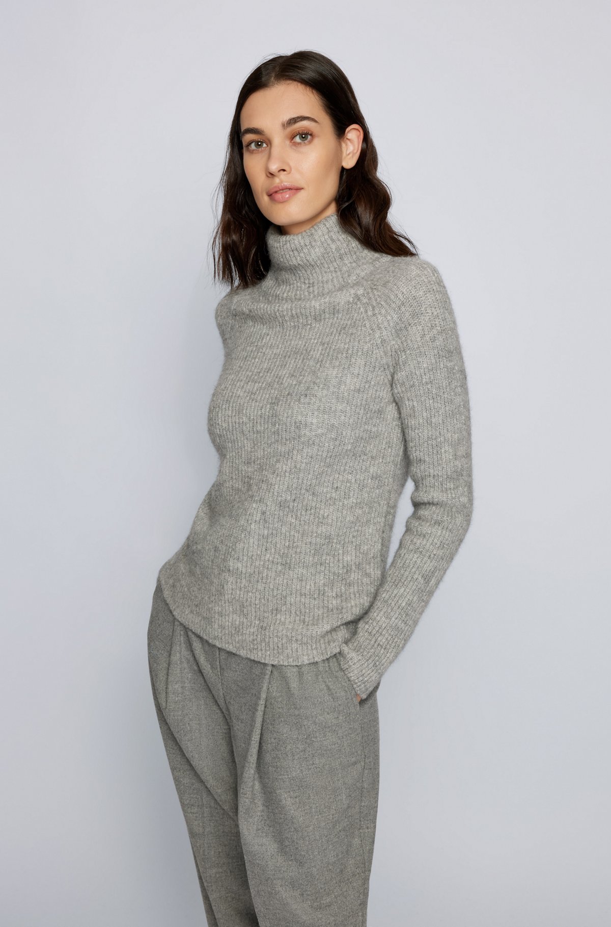 Ribbed sweater with high neckline in regular fit, Silver