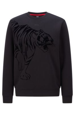 BOSS - Relaxed-fit jersey sweatshirt with flock-print tiger artwork