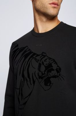 BOSS - Relaxed-fit jersey sweatshirt with flock-print tiger artwork