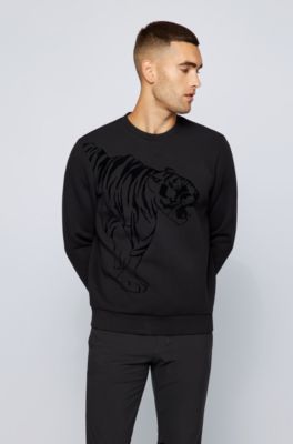BOSS - Relaxed-fit jersey sweatshirt with flock-print tiger artwork