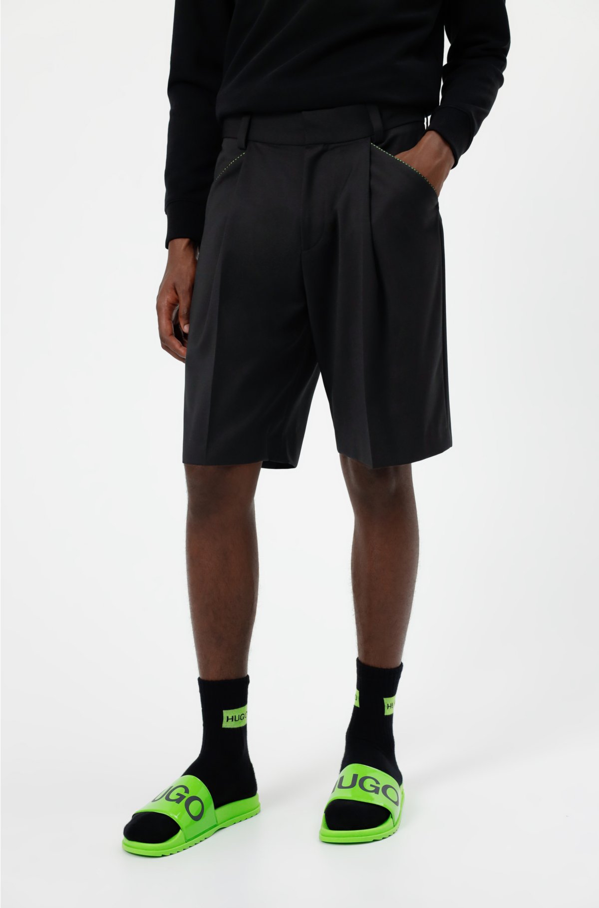 HUGO - Relaxed-fit wool-blend shorts with branded piping