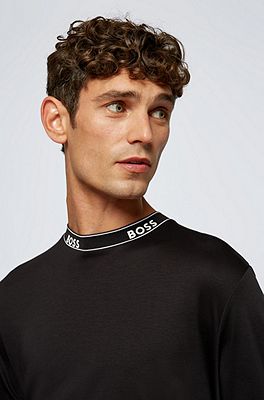 BOSS - Mercerised-cotton T-shirt with repeat-logo collar