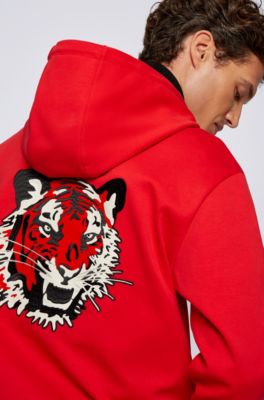 BOSS - Cotton-blend hooded sweatshirt with tiger artwork