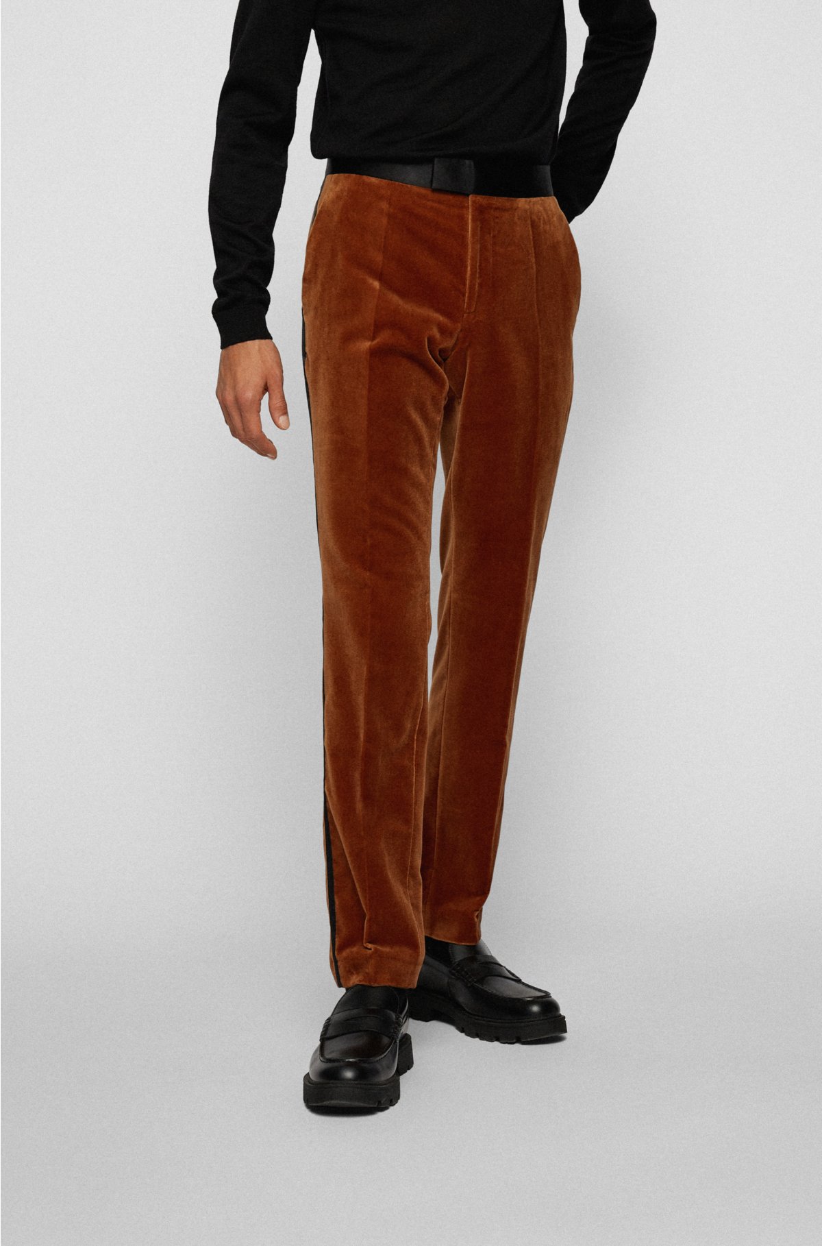 BOSS - Slim-fit tuxedo trousers in cotton velvet