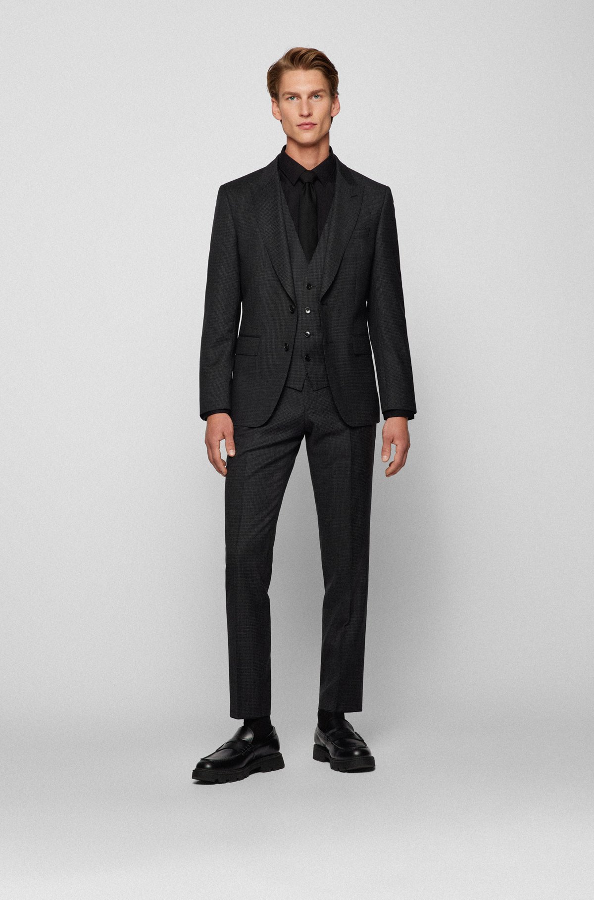BOSS Slim-fit three-piece suit in checked virgin wool