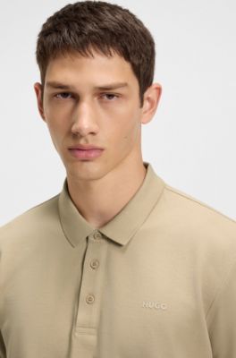 Cotton-piqu&eacute; polo shirt with logo print, Beige