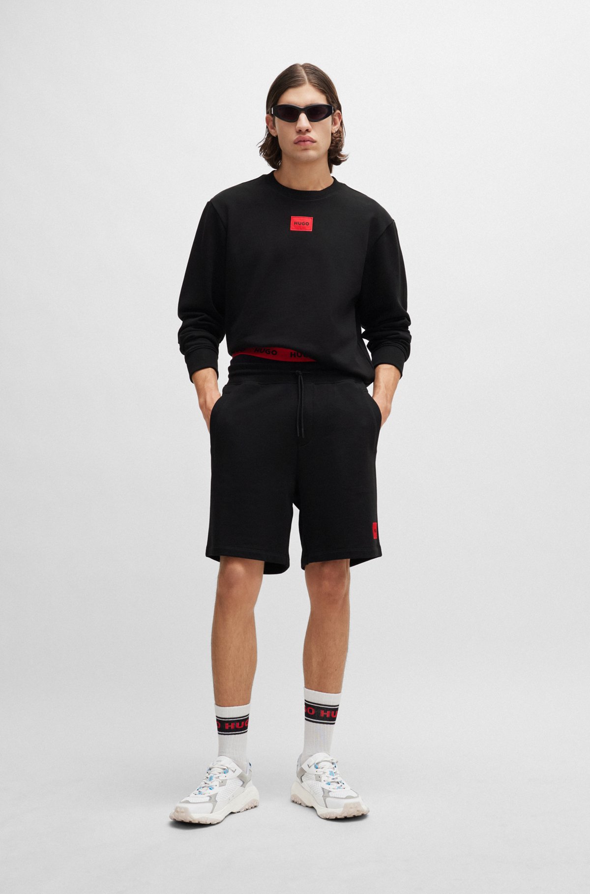French-terry-cotton shorts with red logo label, Black
