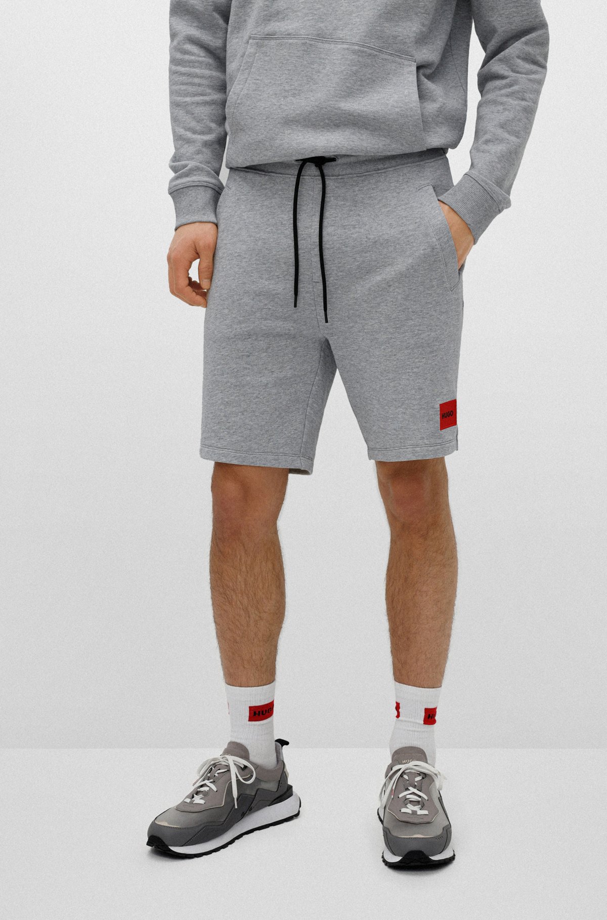 French-terry-cotton shorts with red logo label, Dark Grey