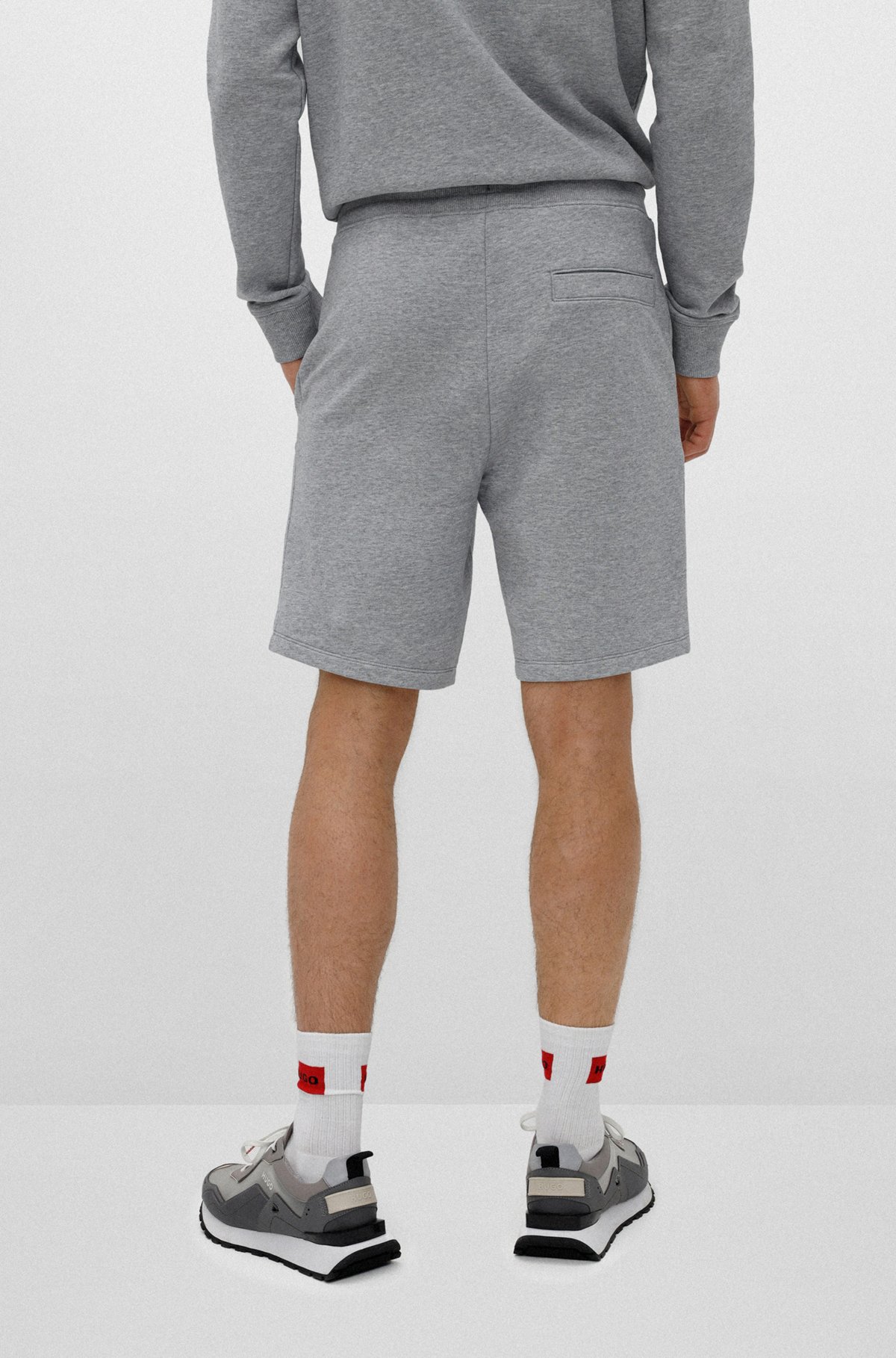 French-terry-cotton shorts with red logo label, Dark Grey