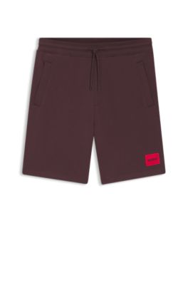 Shorts de felpa de algod&oacute;n con etiqueta con logo roja, Marr&oacute;n claro