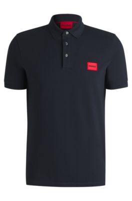 Polo slim fit de piqu&eacute; de algod&oacute;n con etiqueta con logo roja, Azul oscuro