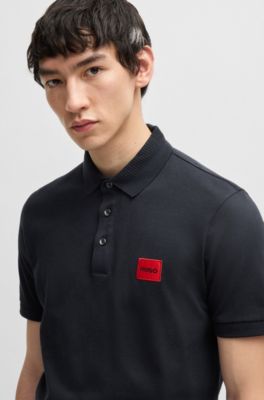 Polo slim fit de piqu&eacute; de algod&oacute;n con etiqueta con logo roja, Azul oscuro
