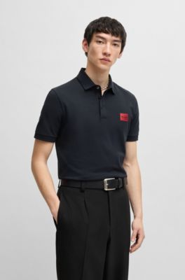 Polo slim fit de piqu&eacute; de algod&oacute;n con etiqueta con logo roja, Azul oscuro
