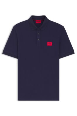 Cotton-piqu&eacute; slim-fit polo shirt with red logo label, Dark Blue