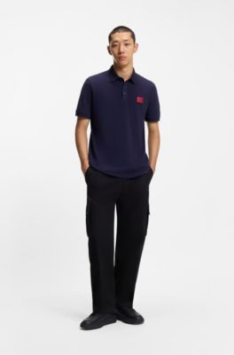 Cotton-piqu&eacute; slim-fit polo shirt with red logo label, Dark Blue