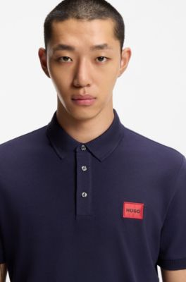 Cotton-piqu&eacute; slim-fit polo shirt with red logo label, Dark Blue