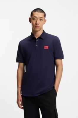Cotton-piqu&eacute; slim-fit polo shirt with red logo label, Dark Blue
