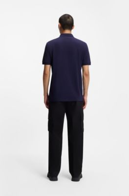 Cotton-piqu&eacute; slim-fit polo shirt with red logo label, Dark Blue