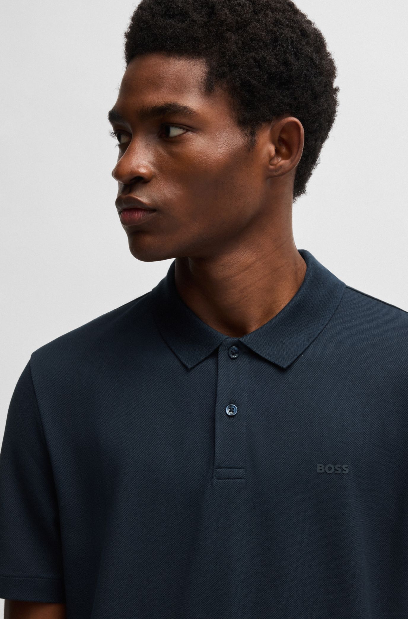 ポロシャツ HUGO BOSS Men Polo Shirts 50467113404 Blue BOSS - Regular-fit polo shirt with rubberized logo - Dark Blue