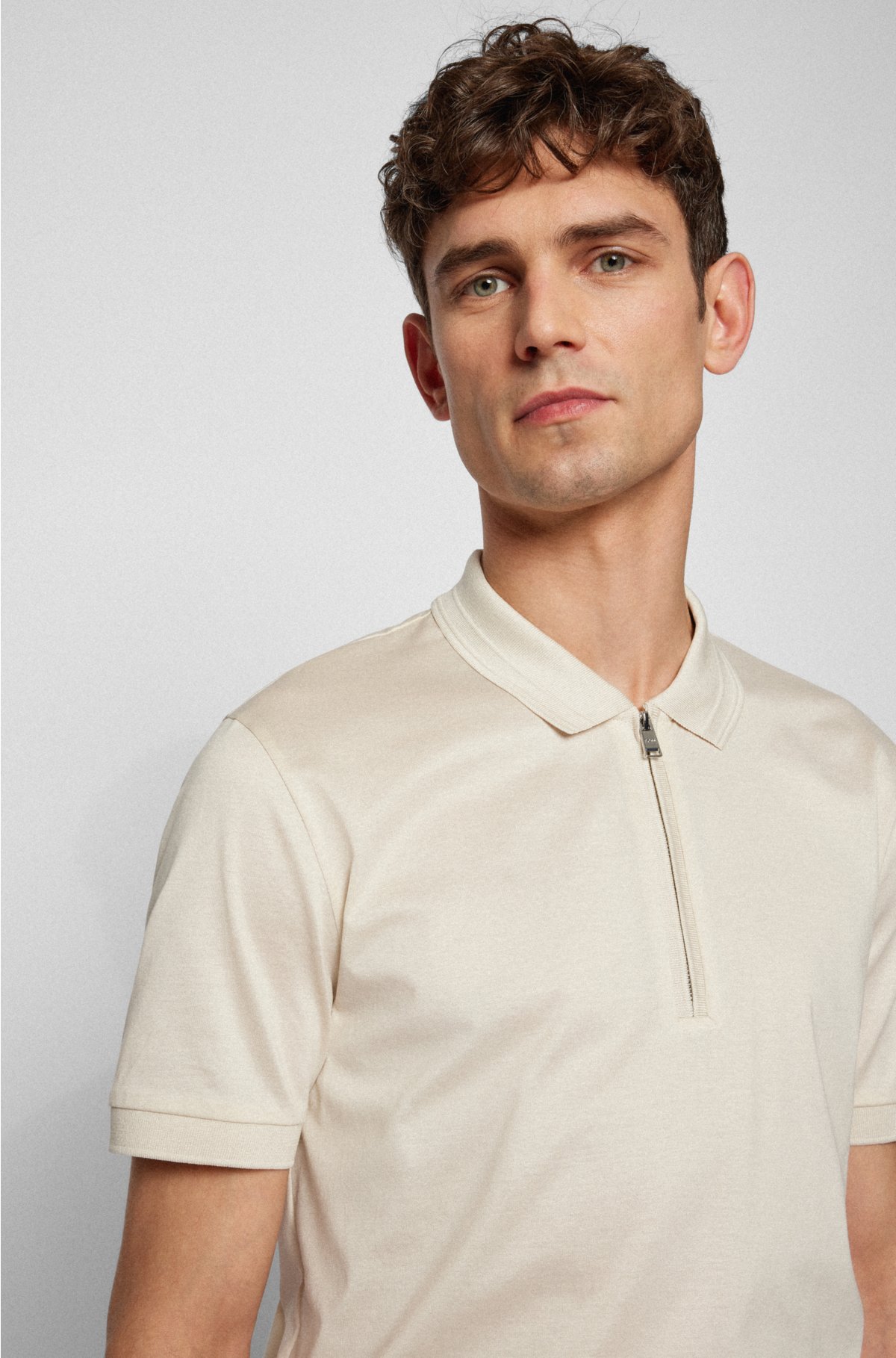 BOSS - Mercerised-cotton zip slim-fit shirt with placket polo