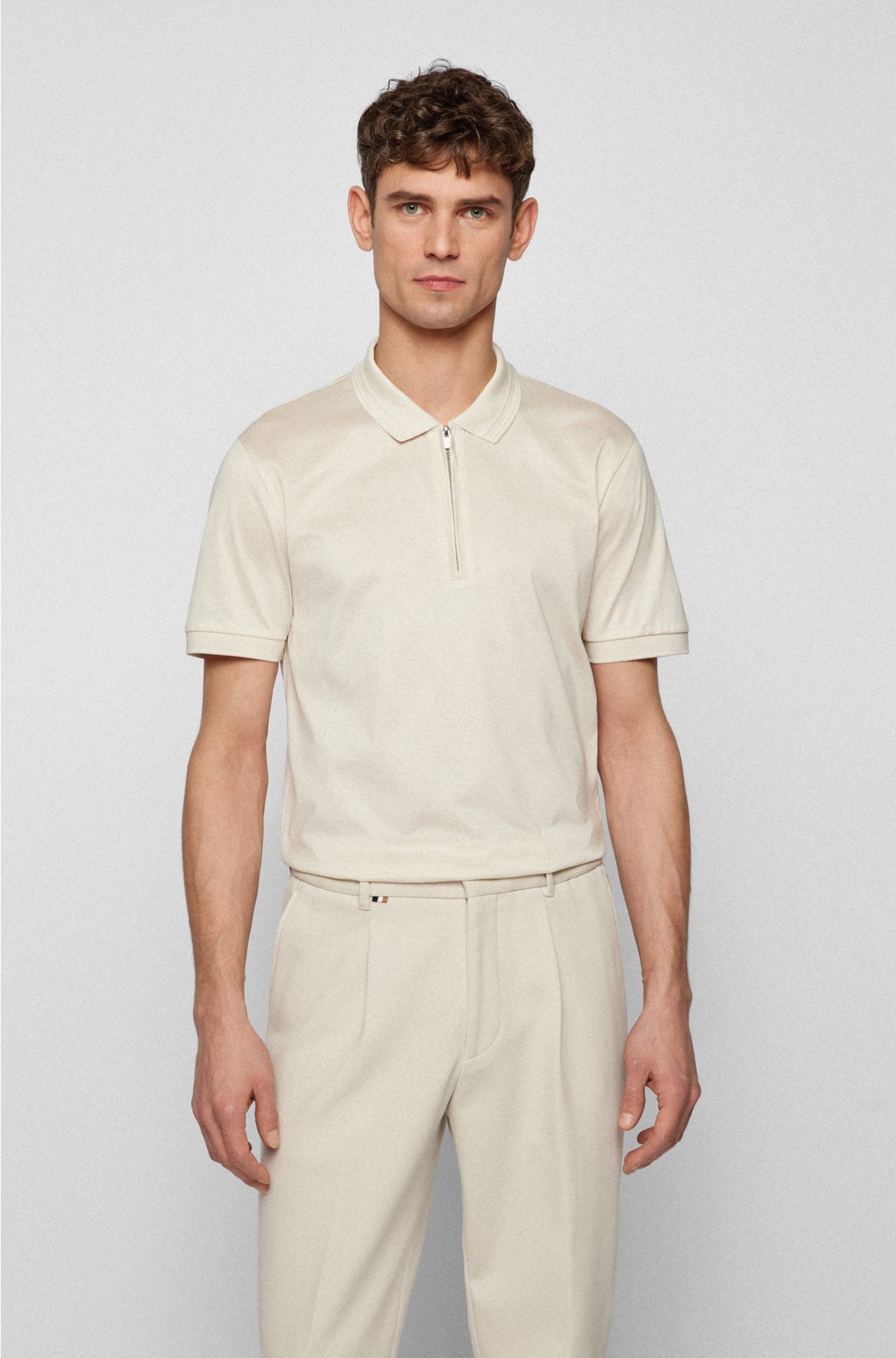 BOSS - Mercerised-cotton slim-fit polo shirt with zip placket