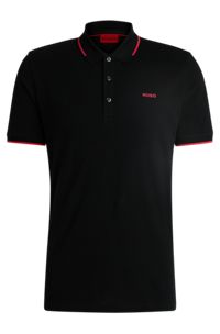 Stretch-cotton slim-fit polo shirt with printed logo , Black