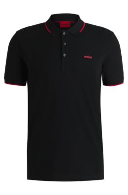 Stretch-cotton slim-fit polo shirt with printed logo, Negro