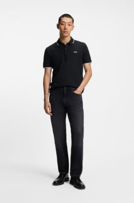 Embroidered-logo slim-fit polo shirt in stretch cotton, Black