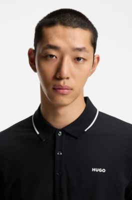 Embroidered-logo slim-fit polo shirt in stretch cotton, Black