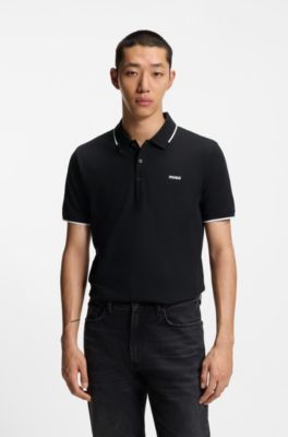 Polo Slim en coton stretch avec finitions contrastantes, Noir
