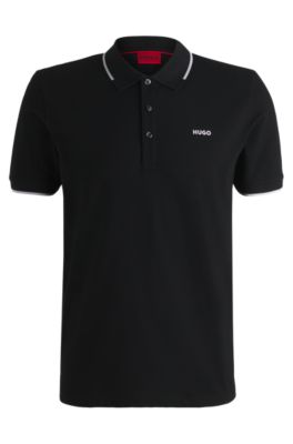 Stretch-cotton slim-fit polo shirt with printed logo, Black