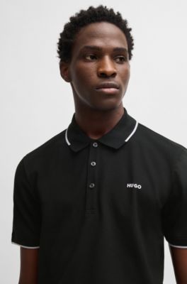 Stretch-cotton slim-fit polo shirt with printed logo, Black