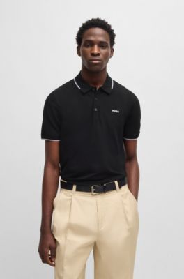 Stretch-cotton slim-fit polo shirt with printed logo, Black