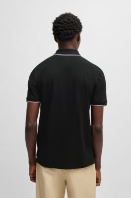 Stretch-cotton slim-fit polo shirt with printed logo, Black