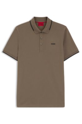 Stretch-cotton slim-fit polo shirt with printed logo, Marr&oacute;n claro