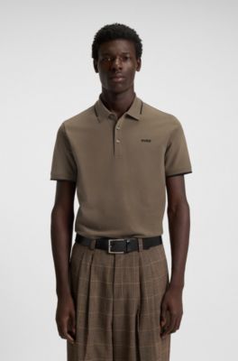 Stretch-cotton slim-fit polo shirt with printed logo, Light Brown