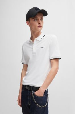 Stretch-cotton slim-fit polo shirt with printed logo, White