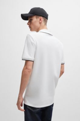 Stretch-cotton slim-fit polo shirt with printed logo, White