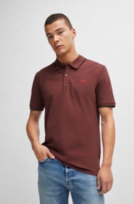 Stretch-cotton slim-fit polo shirt with printed logo, Dark Brown