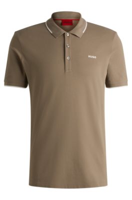 Stretch-cotton slim-fit polo shirt with printed logo, Marron