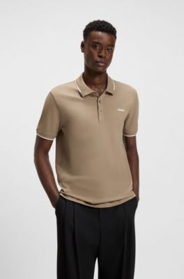 Stretch-cotton slim-fit polo shirt with printed logo, Brown
