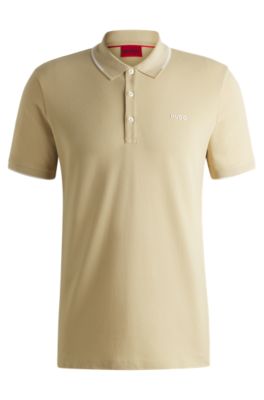 Stretch-cotton slim-fit polo shirt with printed logo, Light Beige
