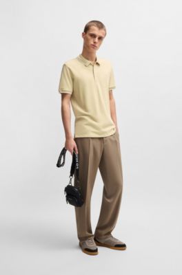 Stretch-cotton slim-fit polo shirt with printed logo, Light Beige