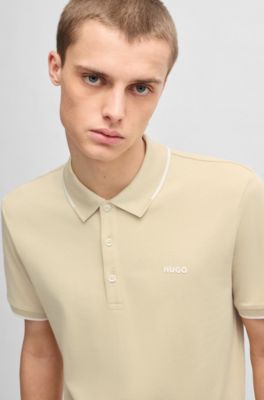 Stretch-cotton slim-fit polo shirt with printed logo, Light Beige