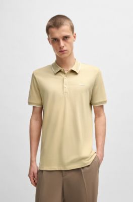 Stretch-cotton slim-fit polo shirt with printed logo, Beige clair