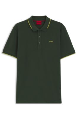 Stretch-cotton slim-fit polo shirt with printed logo, Vert sombre