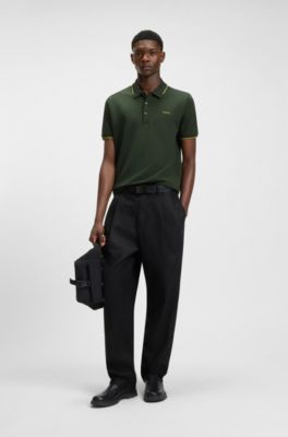 Stretch-cotton slim-fit polo shirt with printed logo, Dark Green