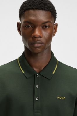 Stretch-cotton slim-fit polo shirt with printed logo, Dark Green