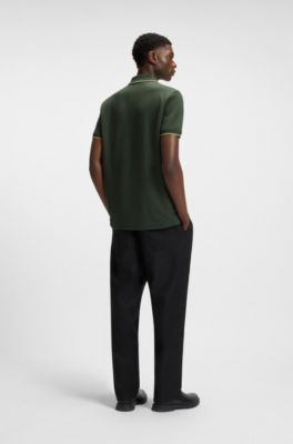 Stretch-cotton slim-fit polo shirt with printed logo, Dark Green
